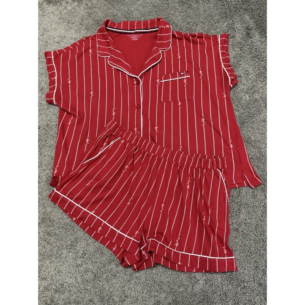 Tommy Hilfiger Red Shorts Set Pajamas Soft Cool XL Pockets Button Down Summer